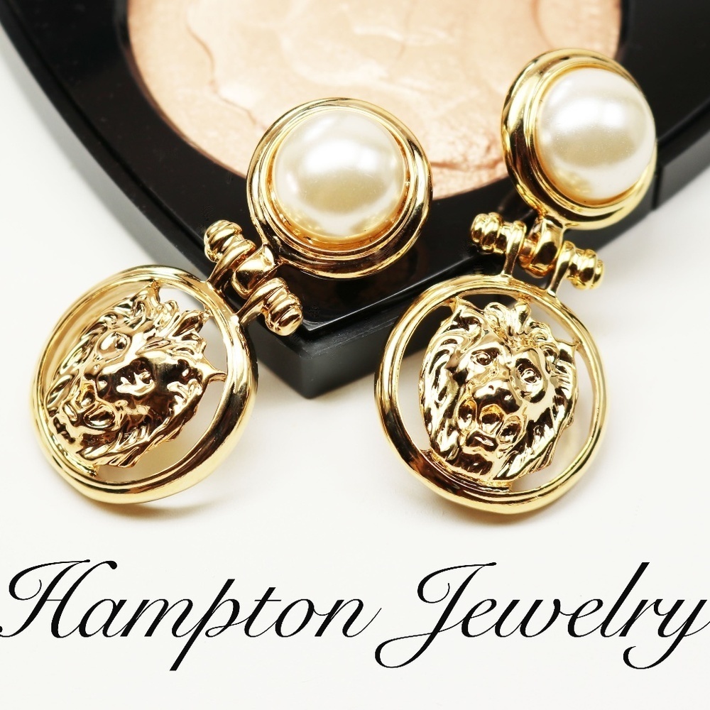 Simulated Pearl Cabochon Lion's Head Doorknocker Earrings